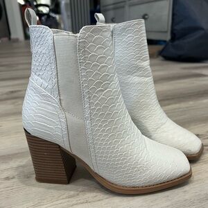 White Textured Heeled Ankle Boots
